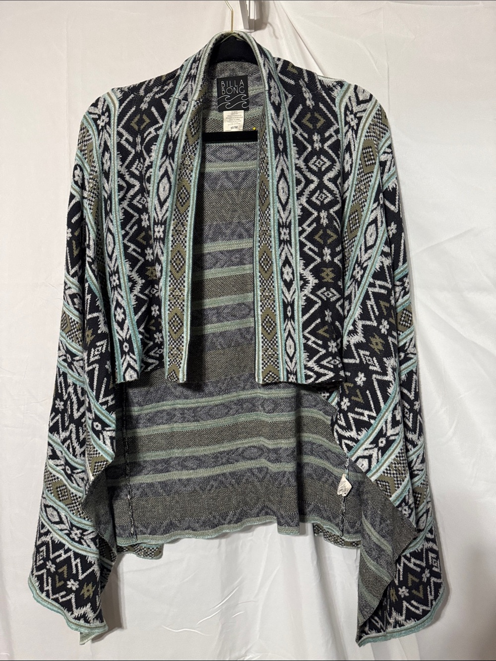 Billabong Black, Mint & Gray Aztec Open-Front Poncho Cardigan